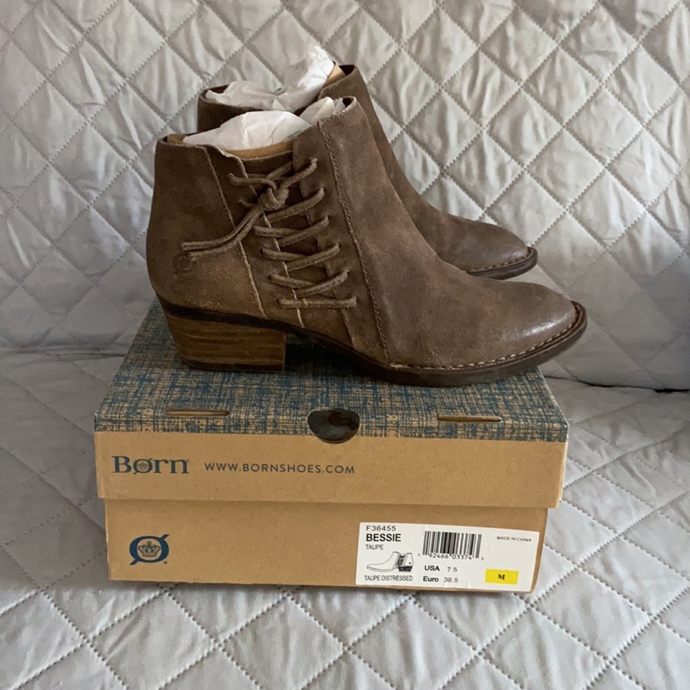Born Bessie taupe distressed booties
